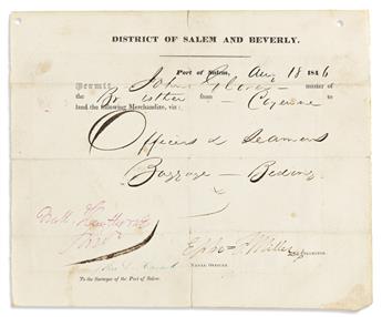 HAWTHORNE, NATHANIEL. Two items, each Signed Nath. Hawthorne / Surveyor: Partly-printed Document * Clipped Signature.